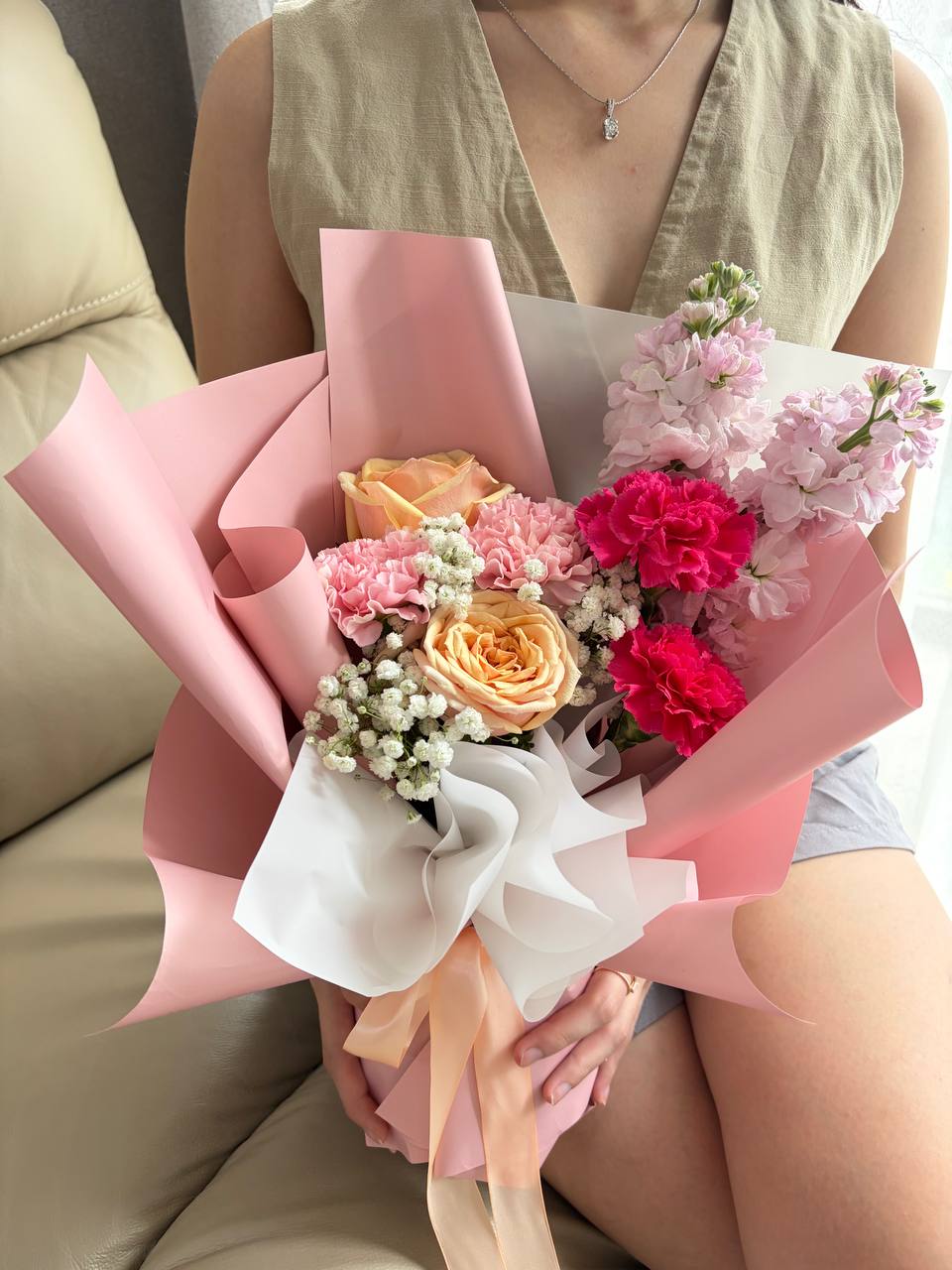 Mother’s Day Fresh Flower Bouquet Singapore – Carnation, Rose & Matthiola - Aveline